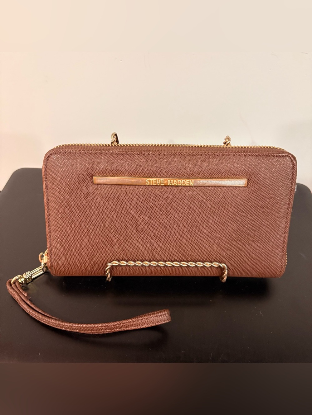 Steve Madden Brown Zip Wristlet with Gold Trim